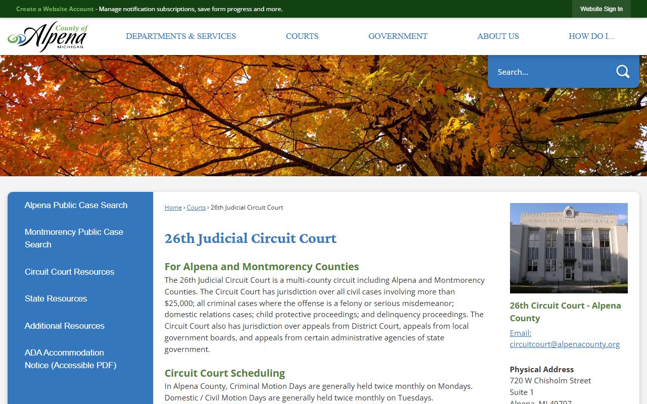 26th Judicial Circuit Court page for Alpena County divorce decree records
