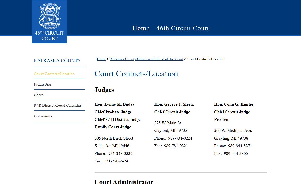 46th Circuit Court Kalkaska County divorce decree records and case contact information