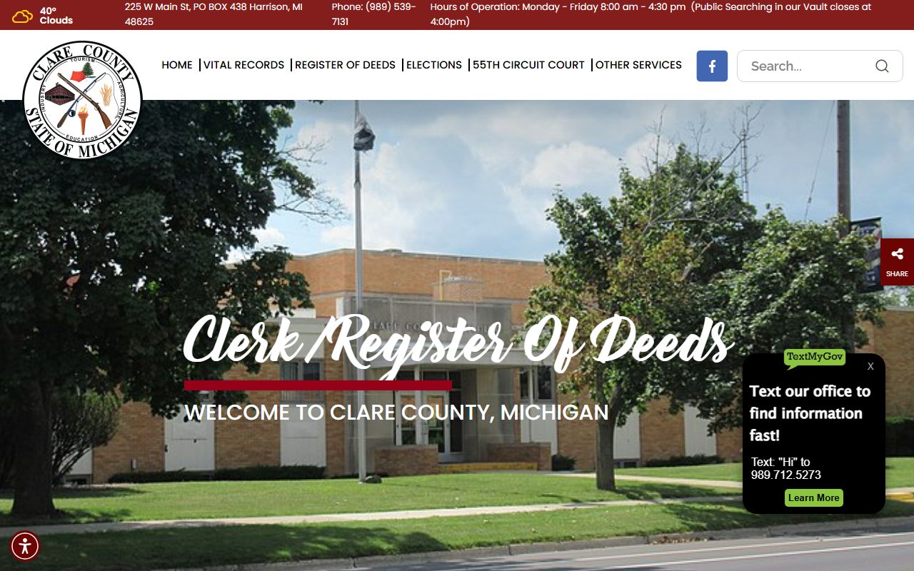 Clare County Clerk office for divorce decree records in Harrison Michigan