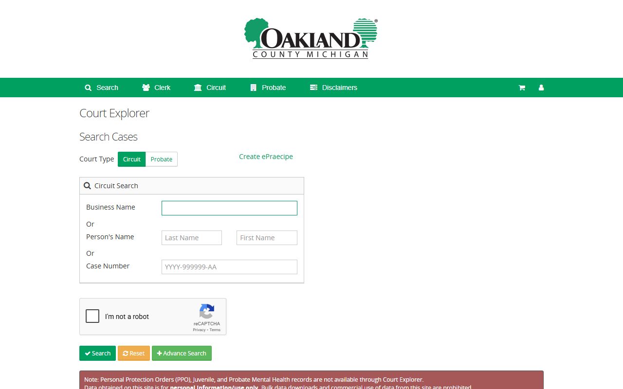 Oakland County Court Explorer case search tool for divorce decree records