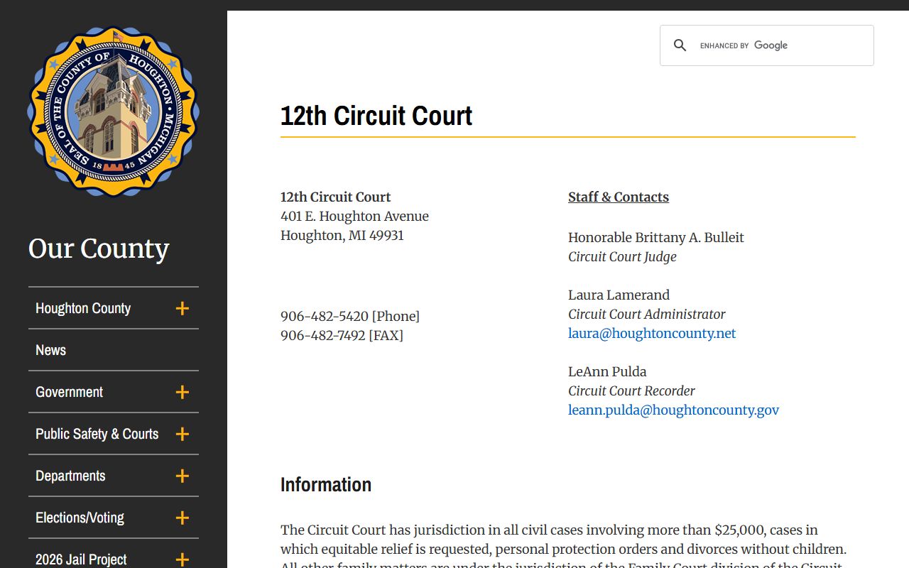 Houghton County 12th Circuit Court divorce decree records office Michigan Upper Peninsula