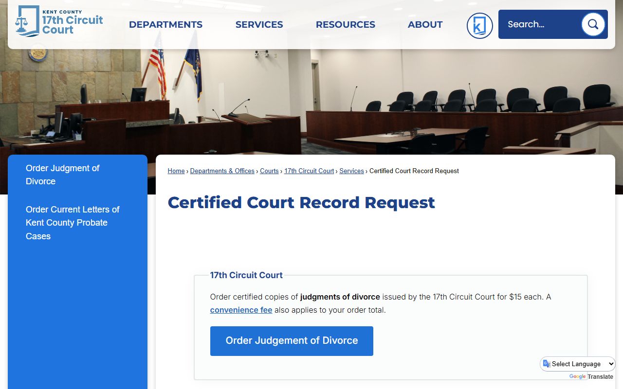 Kent County certified court record request form for divorce decree