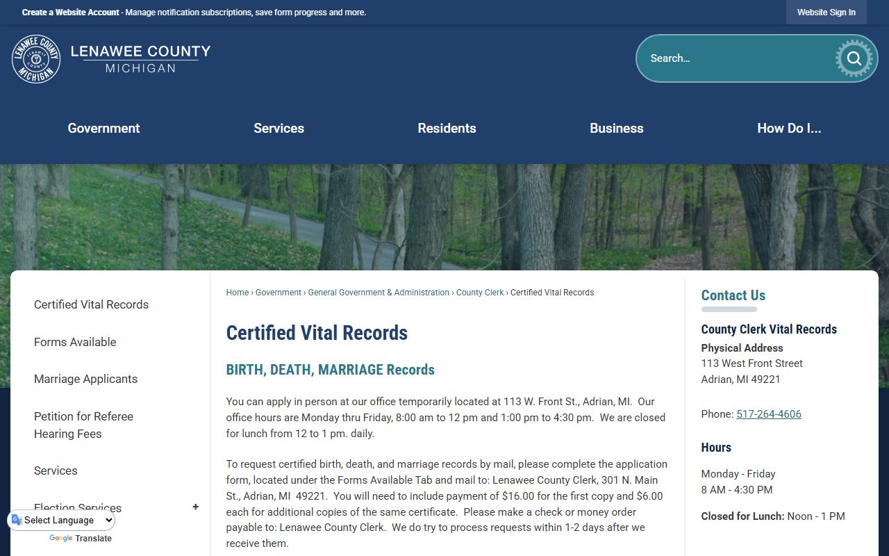 Lenawee County vital records page showing divorce decree certified copy request options
