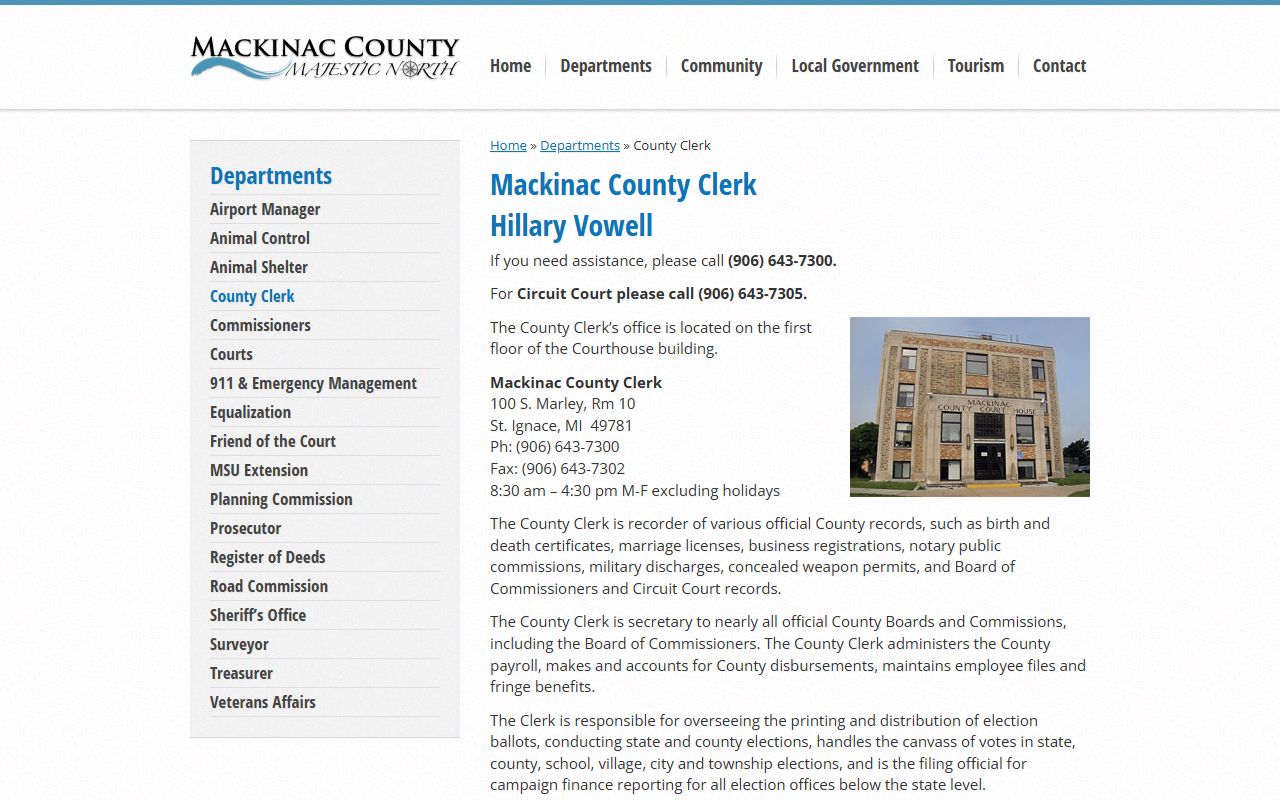 Mackinac County Clerk page for divorce decree record requests and information