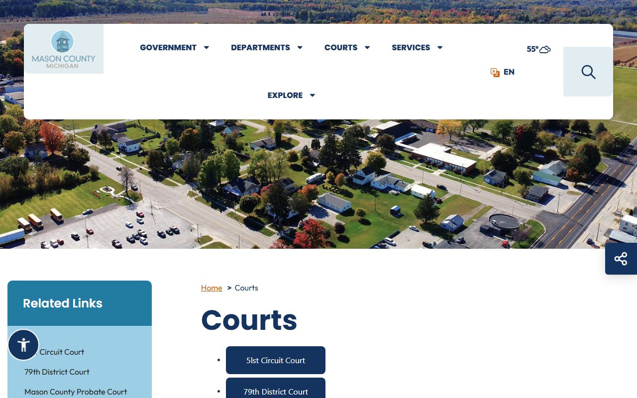 Mason County 51st Circuit Court page showing divorce decree records and self-help resources