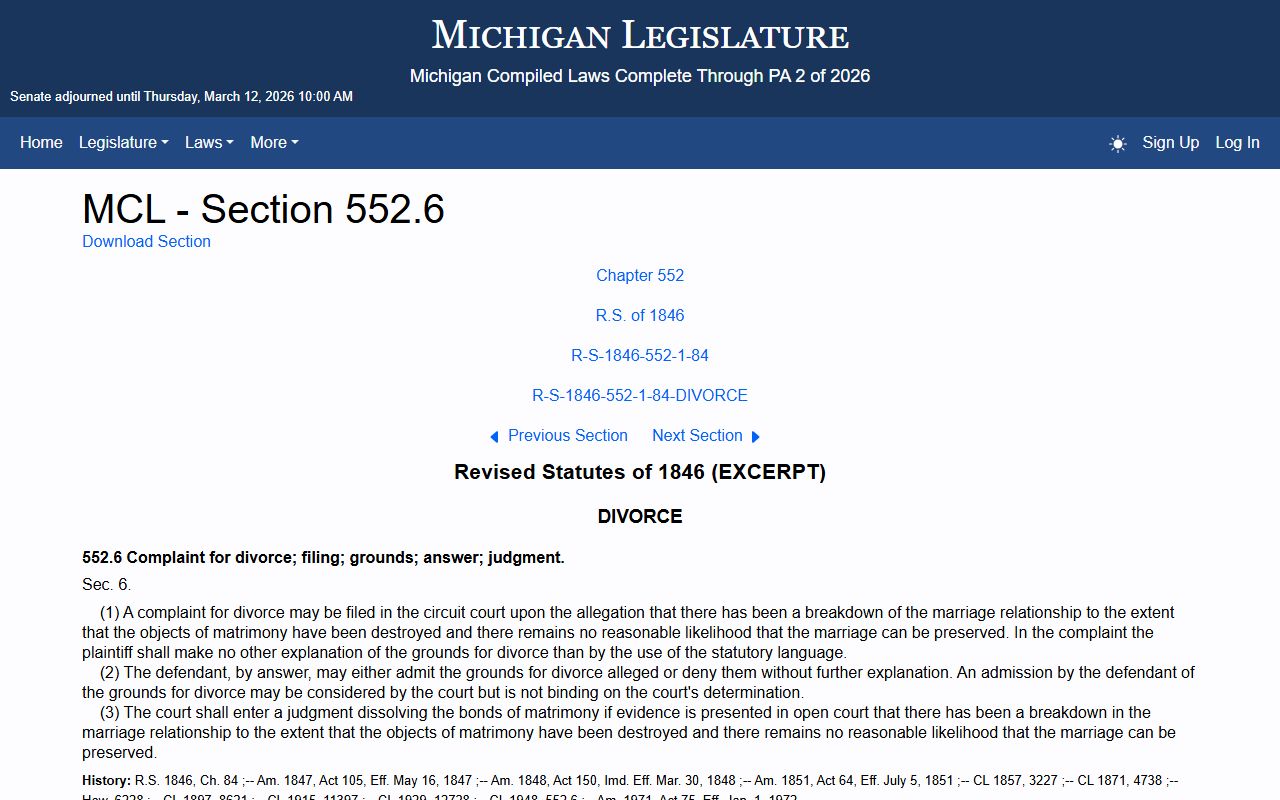 Michigan Legislature MCL 552.6 no-fault divorce statute used in divorce decree proceedings