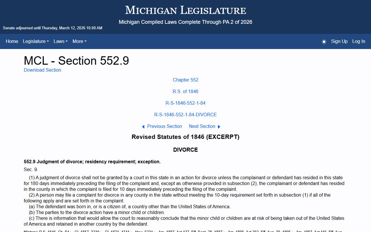 Michigan Legislature MCL 552.9 residency requirements for divorce decree filings