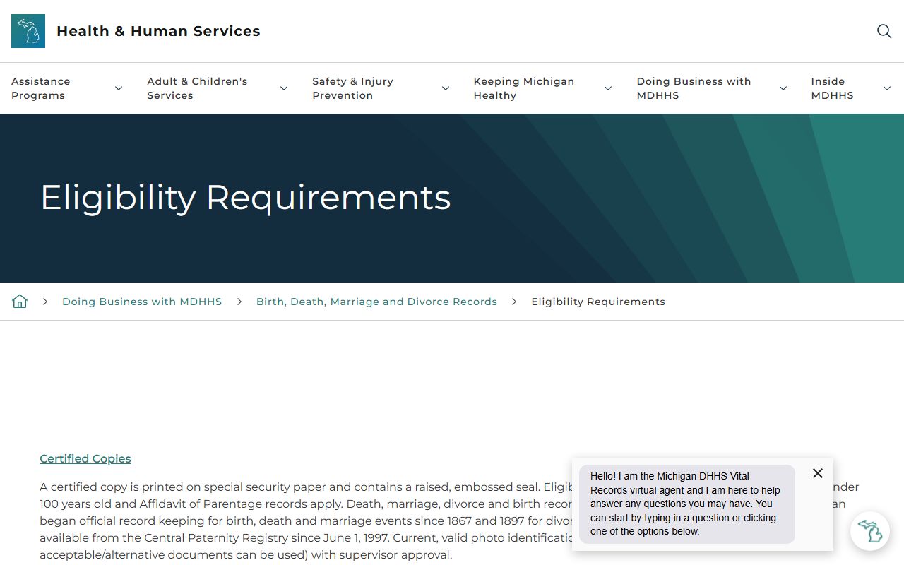 Michigan MDHHS eligibility requirements page for divorce decree and certificate requests