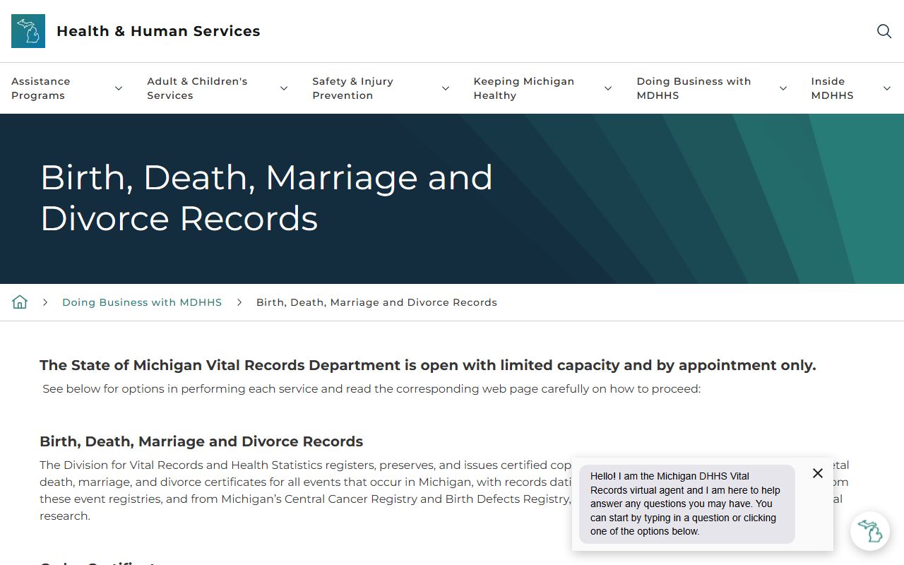 Michigan MDHHS Vital Records website for divorce decree records