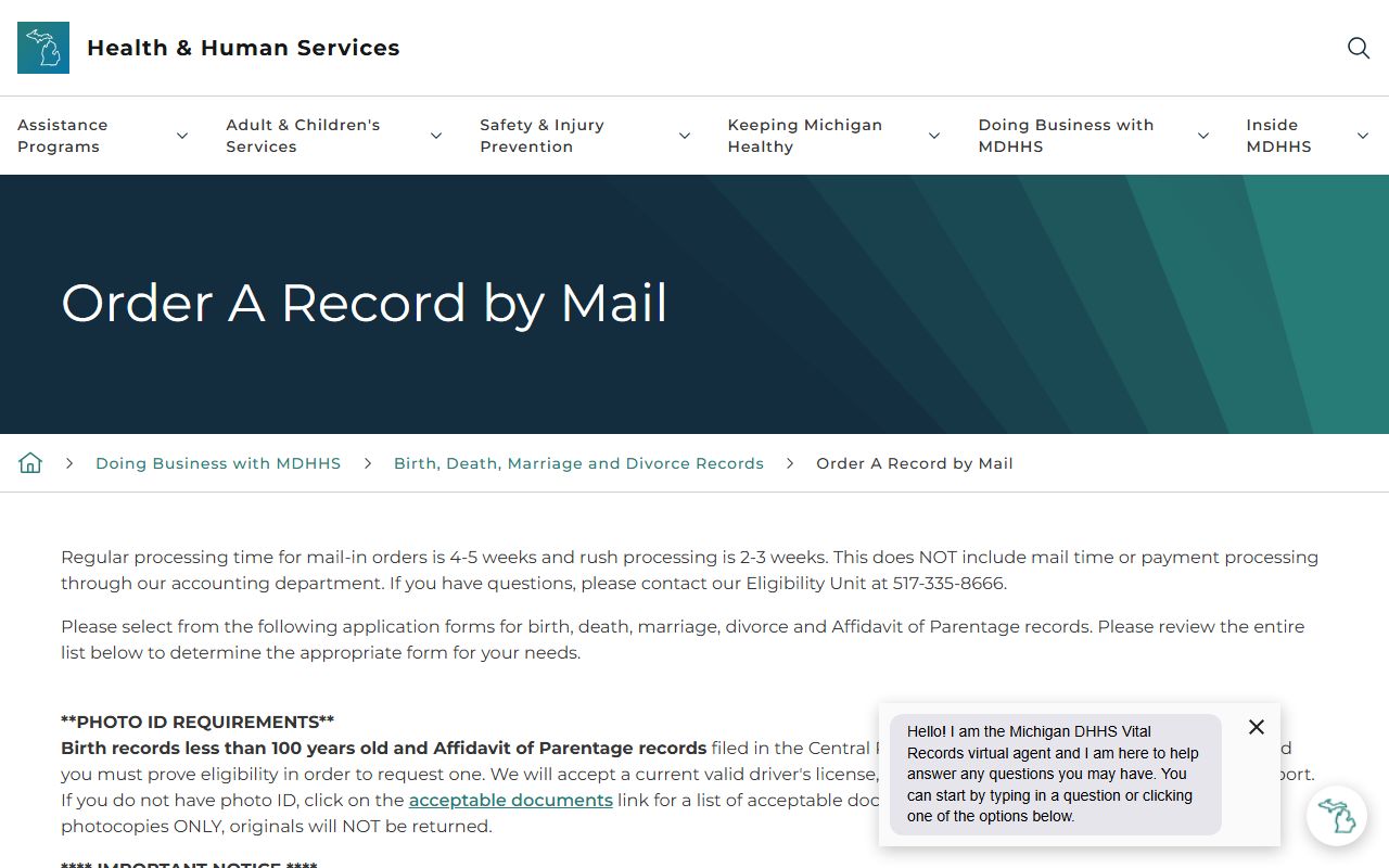 Michigan MDHHS order by mail page for divorce certificate and decree requests